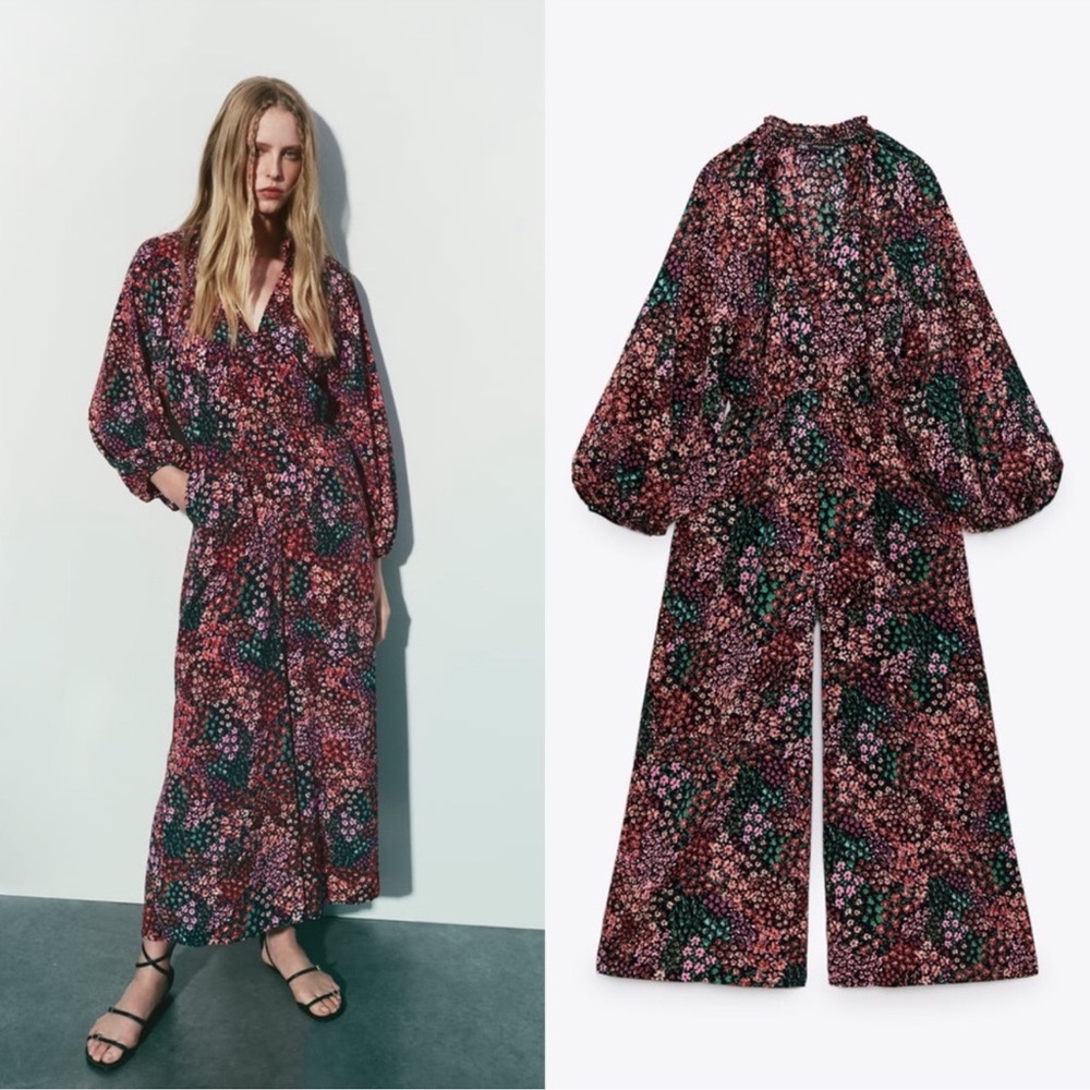 Zara Floral Wide-Leg Jumpsuit in Black, Pink & Green